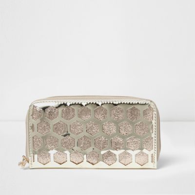 Girls gold metallic honeycomb zip purse
